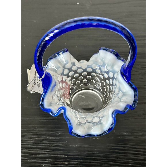 VTG Fenton Blue Opalescent Hobnail Glass Basket with Ruffled Edge New Old Stock - Picture 5 of 11